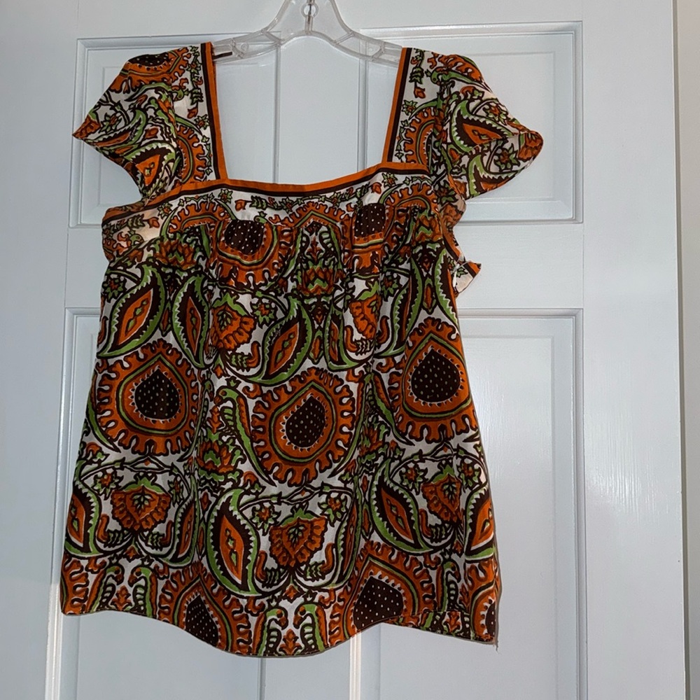 Milly women’s blouse cap sleeve orange, brown and green size 12